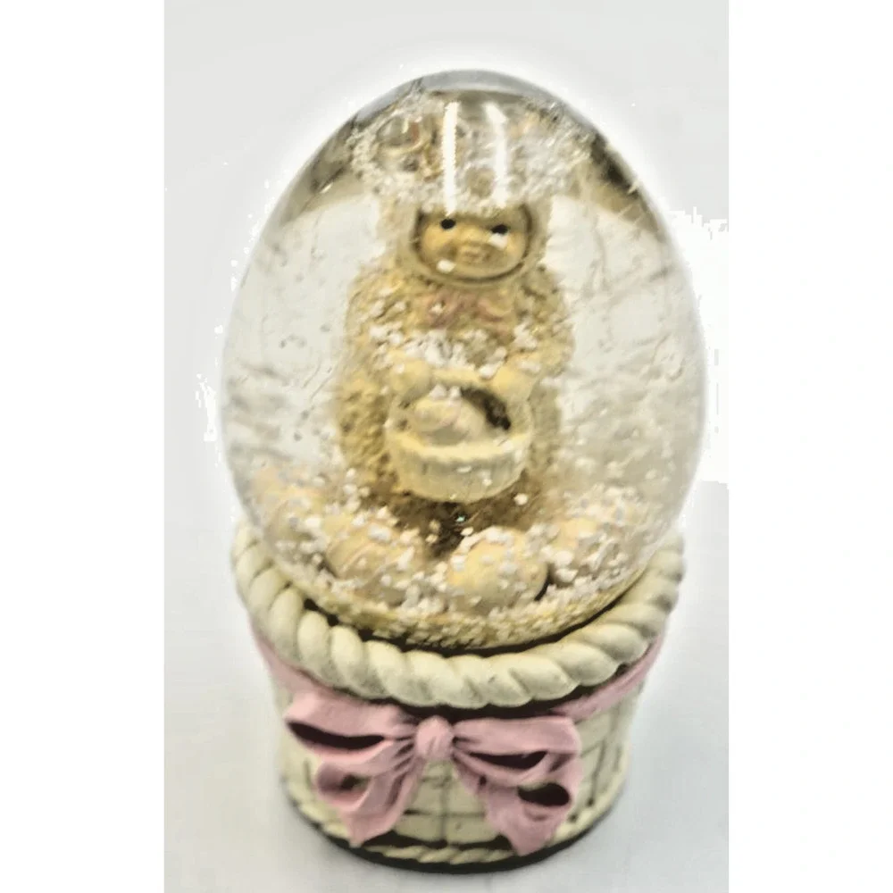Enesco Egg Snow Globe Bear in Basket with Pink‎ Bow – 1992 Vintage